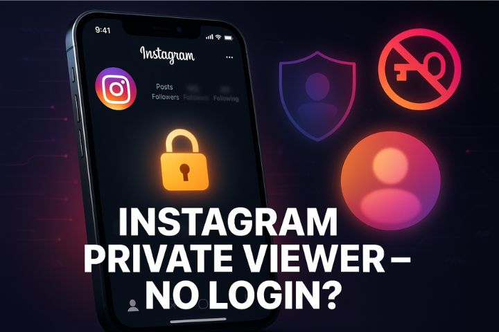 Smartphone showing Instagram profile with a blurred photo and digital padlock icon, symbolizing private account viewer without login.