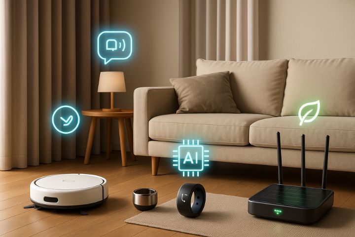 Realistic image of smart home gadgets in 2025 – AI vacuum mop, voice-controlled smart curtains, and solar-powered Wi-Fi router – reviewed on WheonX.com Tech.