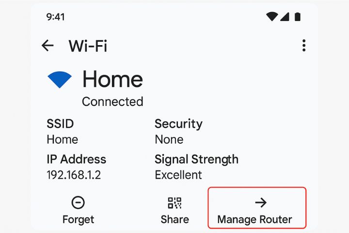 Android Wi-Fi settings screen showing Manage Router option for changing Wi-Fi password.