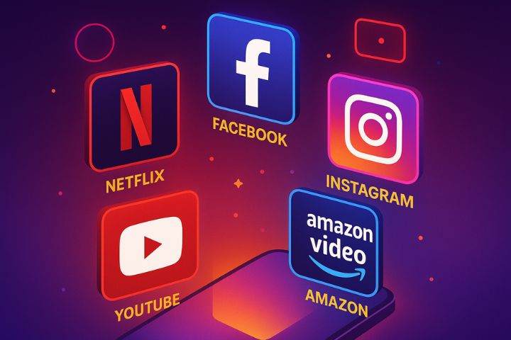 Collage of top entertainment and social media apps in 2025 such as Netflix, Facebook, Instagram, YouTube, and Prime Video.