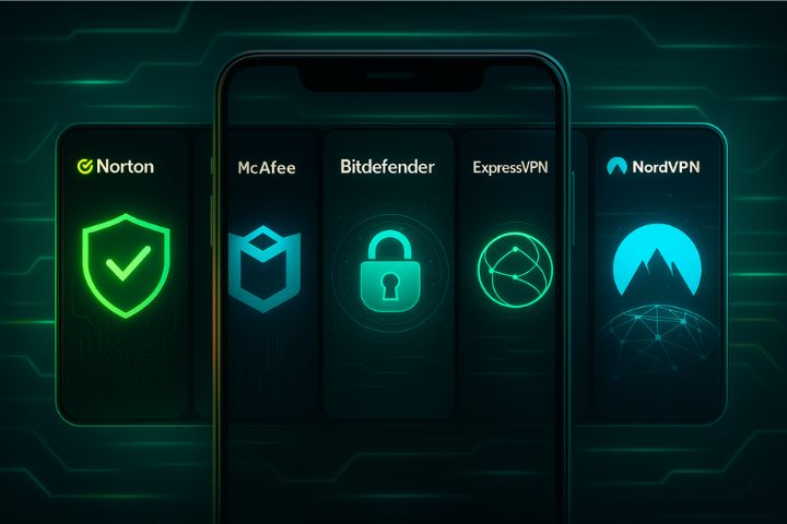 Premium smartphone showing top cybersecurity apps (Norton, McAfee, Bitdefender, ExpressVPN, NordVPN) with glowing shield icons, 2025.