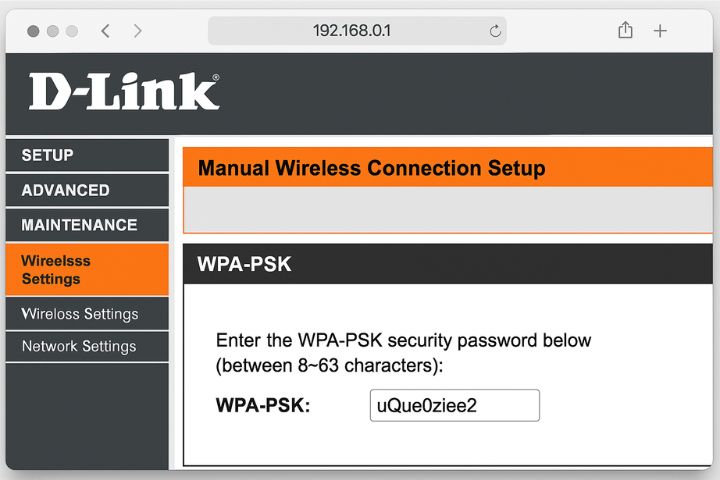 D-Link router manual wireless setup page with WPA-PSK password input field.