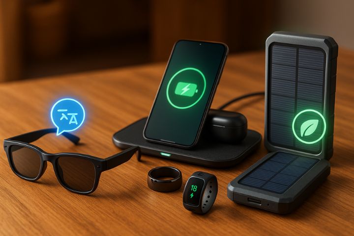 “Realistic futuristic AR glasses, multi-device wireless charging mat, and eco-friendly solar power bank – latest 2025 accessories on WheonX.com Tech.”