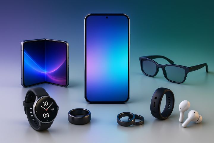 Realistic premium product showcase of 2025 tech gadgets including foldable smartphone, smartwatch, AR glasses, smart rings, and wireless earbuds on WheonX.com Tech.
