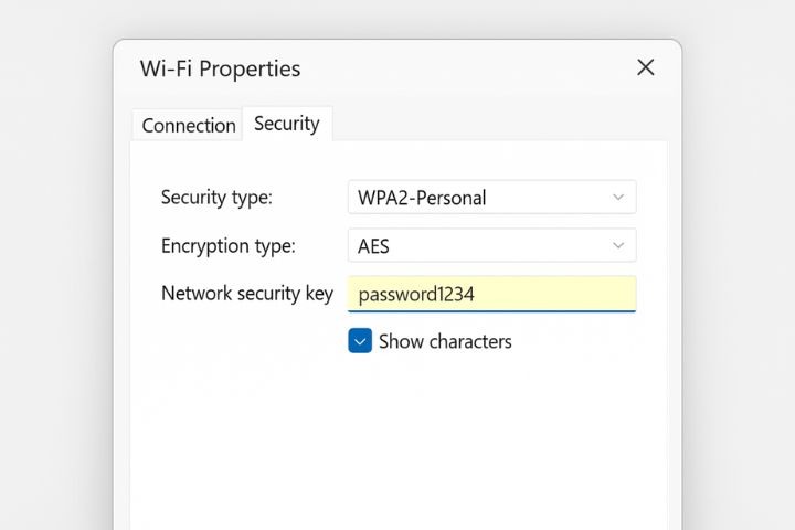 Windows 11 Wi-Fi security tab showing saved password with Show Characters option enabled.