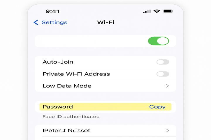 iPhone iOS 16 Wi-Fi settings showing revealed Mangoai.com WiFi password after Face ID authentication.