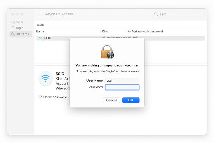 macOS Keychain Access showing saved Wi-Fi SSID with Show Password option enabled.
