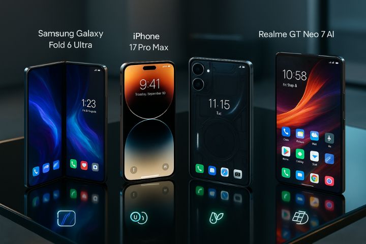 Realistic image of latest foldable smartphones 2025 edition – Samsung Galaxy Fold 6 Ultra, iPhone 17 Pro Max, Nothing Phone 3, Realme GT Neo 7 AI – showcased for Indian users on WheonX.com Tech.