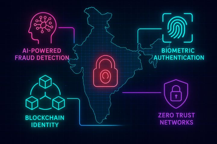 Future of cybersecurity in India 2025–2030 with AI fraud detection, biometrics, blockchain, and Zero Trust.