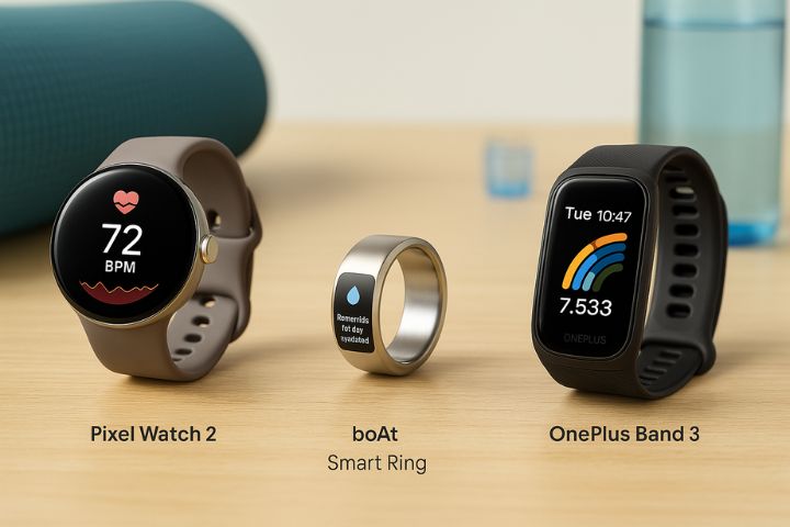 Premium showcase of 2025 smart wearables – Pixel Watch 2, boAt Smart Rings, OnePlus Band 3 – for health and fitness tracking in India on WheonX.com Tech.