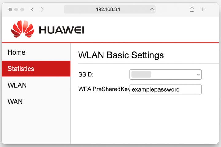 Huawei router WLAN basic settings page with Wi-Fi password option.