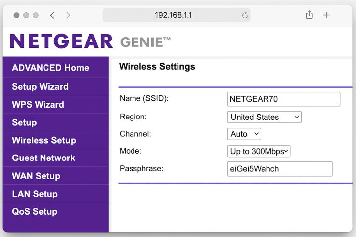 Netgear router wireless settings panel with Wi-Fi passphrase field highlighted.
