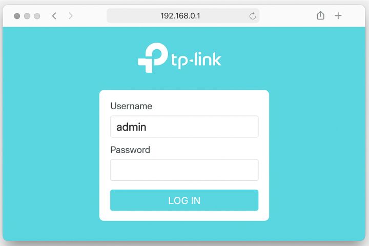 TP-Link router login page at 192.168.0.1 with username and password fields.