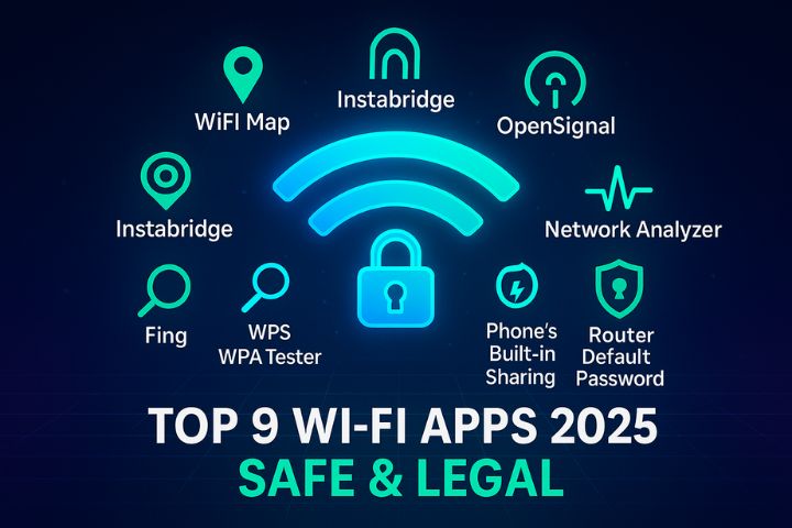 Futuristic thumbnail with glowing Wi-Fi symbol, lock icon, and app icons representing the top 9 Wi-Fi apps and tools in 2025 (safe and legal).