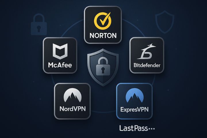 Circular infographic highlighting top cybersecurity apps of 2025 including Norton, McAfee, Bitdefender, ExpressVPN, NordVPN, and LastPass.