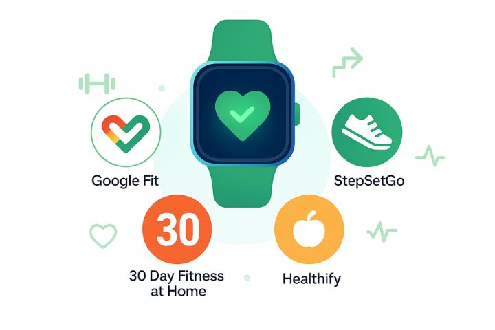 at vector infographic displaying trending health and fitness apps of 2025 including Google Fit, FITTR, StepSetGo, 30 Day Fitness at Home, and Healthify.