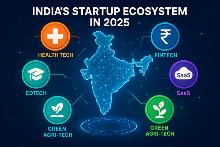Illustration of India’s startup ecosystem in 2025 with health, fintech, edtech, agri-tech, and SaaS icons.