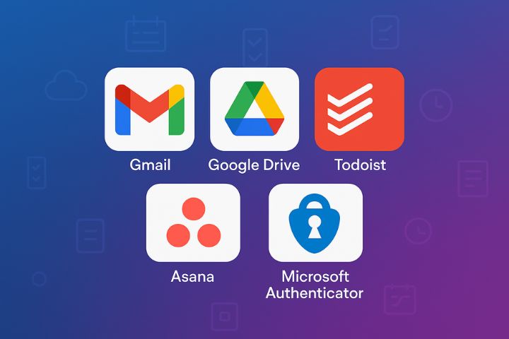 Infographic showing top productivity apps in 2025 including Gmail, Google Drive, Asana, Todoist, and Microsoft Authenticator with modern digital icons.