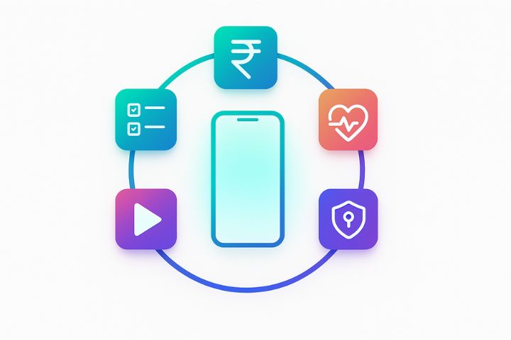 Flat vector infographic showing top Wheonx.com tech apps in 2025 with icons for productivity, finance, fitness, entertainment, and cybersecurity around a glowing smartphone.
