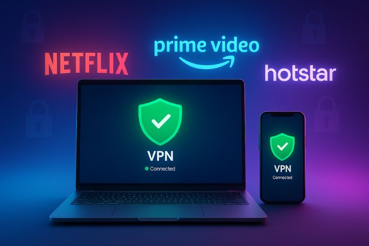 VPN protecting devices while streaming Netflix, Amazon Prime Video, and Hotstar securely in 2025.