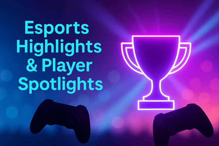 Competitive gaming arena with big screen scoreboard capturing esports highlights and player spotlights