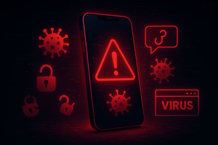 Smartphone with virus warning and malware symbols representing the dangers of fake APKs and hack apps.