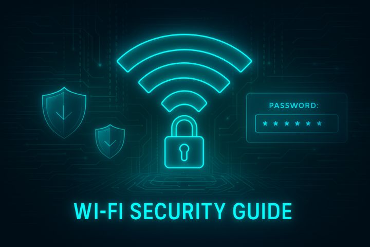 Futuristic cyber-style illustration of a glowing Wi-Fi symbol secured with a digital padlock, surrounded by shield icons, encrypted lines, and a password field, with neon blue and green tones and bold text “Wi-Fi Security Guide”