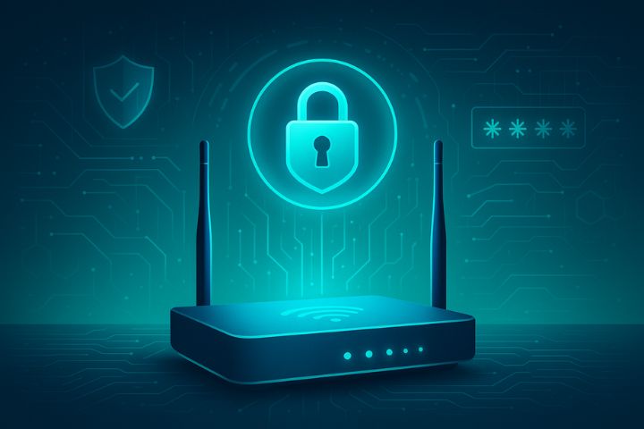 Glowing Wi-Fi router with a floating padlock symbol, futuristic cybersecurity elements like shield icons, encrypted lines, and holographic password screens, in blue and green tones representing secure network connectivity.
