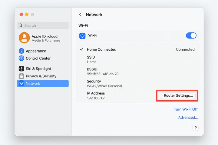 macOS Ventura Wi-Fi network settings showing connected network details and Router Settings button.